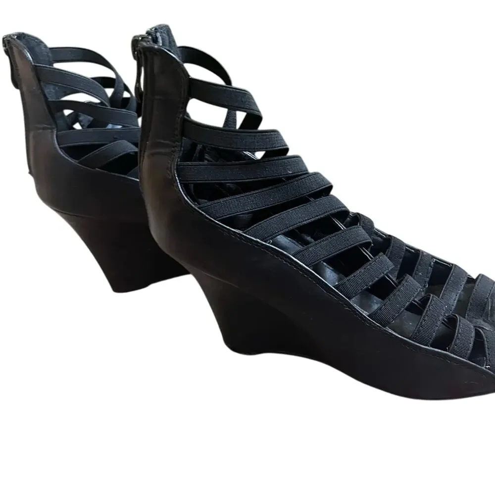 Rue21 etc Strappy Wedge 3 1/2” Heels Faux Leather Size Large 8 / 9 Black